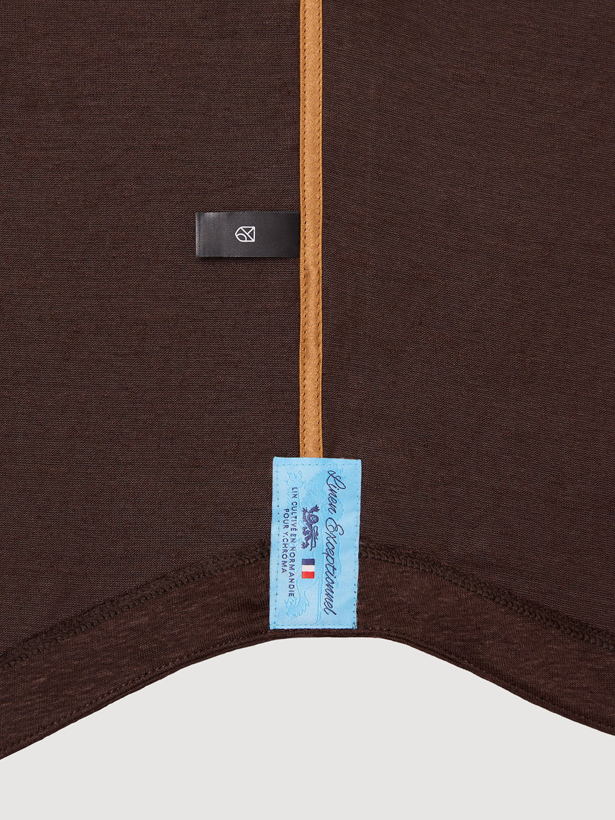 Madeira French Linen Short Sleeve Polo in *Java Brown* (warm brown) — French linen label detail | Y.Chroma