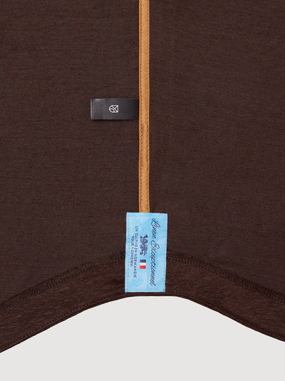 Madeira French Linen Short Sleeve Polo in *Java Brown* (warm brown) — French linen label detail | Y.Chroma