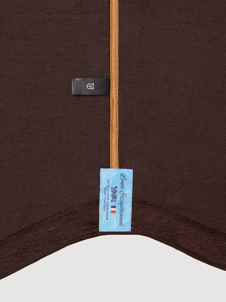 Madeira French Linen Short Sleeve Polo in *Java Brown* (warm brown) — French linen label detail | Y.Chroma