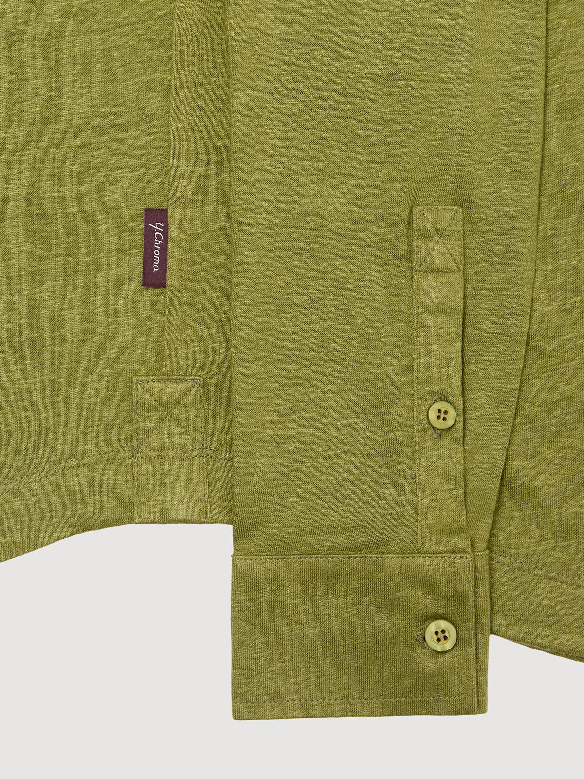 Madeira French Linen Long Sleeve Polo in *Military Olive* (olive green) — uncuffed sleeve button detail | Y.Chroma