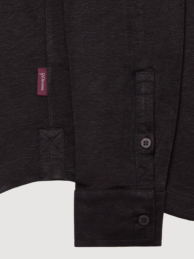 Madeira French Linen Long Sleeve Polo in *Berlin Black* (black) — uncuffed sleeve button detail | Y.Chroma