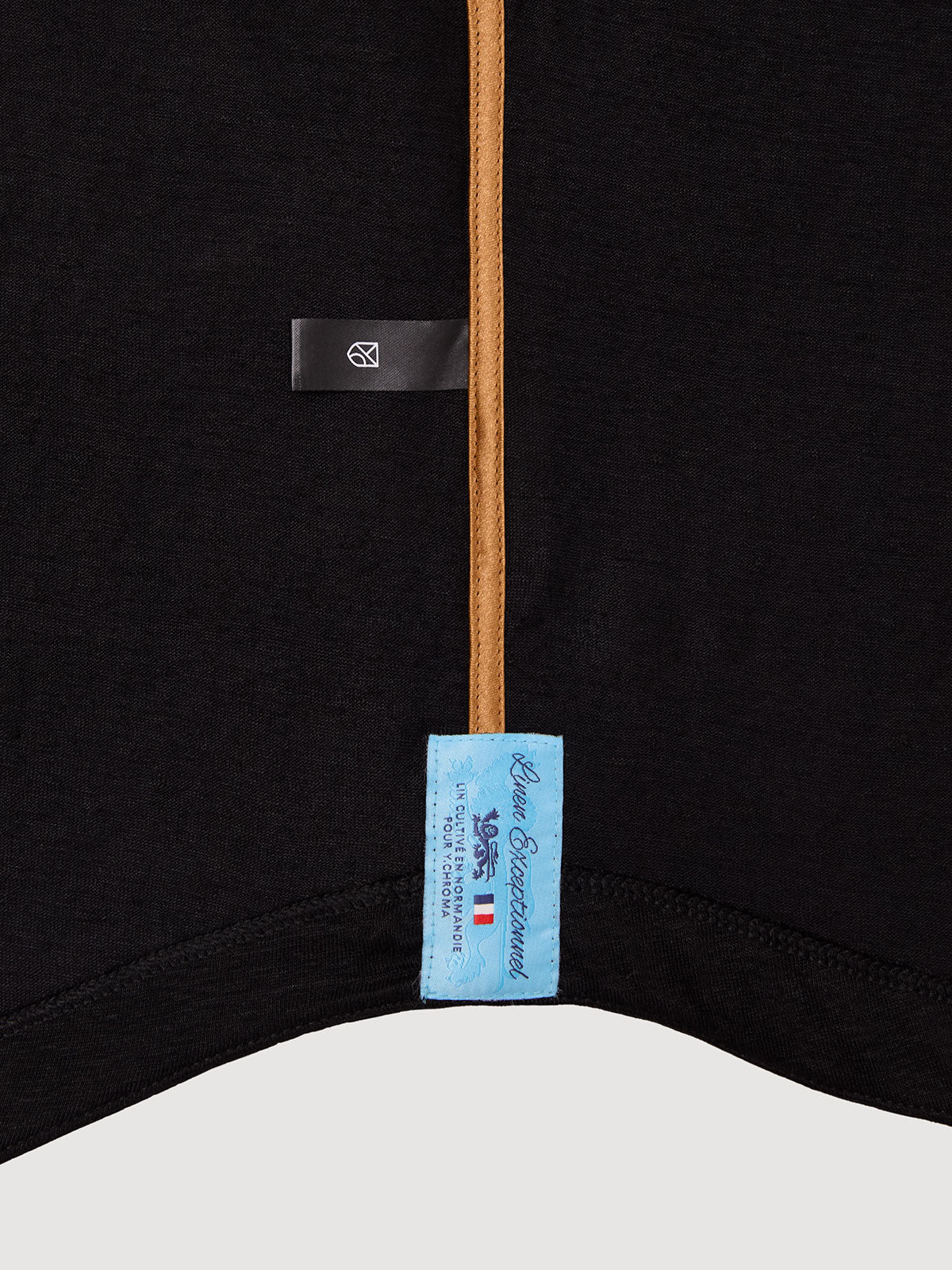 Madeira French Linen Short Sleeve Polo in *Berlin Black* (black) — French linen label detail | Y.Chroma
