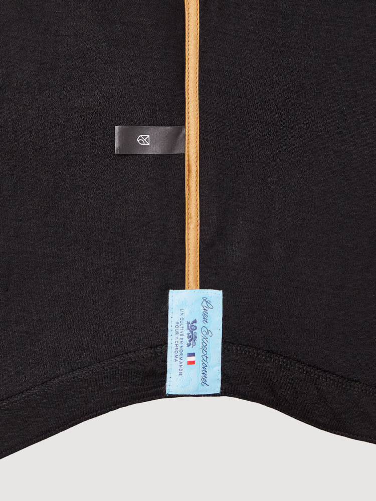 Madeira French Linen Long Sleeve Polo in *Berlin Black* (black) — French linen label detail | Y.Chroma