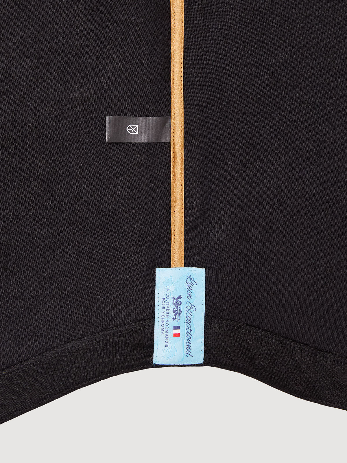 Madeira French Linen Long Sleeve Polo in *Berlin Black* (black) — French linen label detail | Y.Chroma