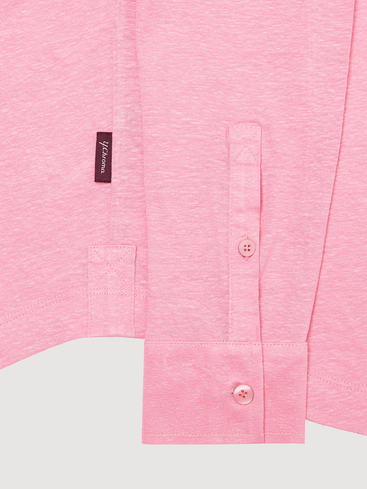 Madeira French Linen Long Sleeve Polo in *Quartz Pink* (dusty pink) — uncuffed sleeve button detail | Y.Chroma