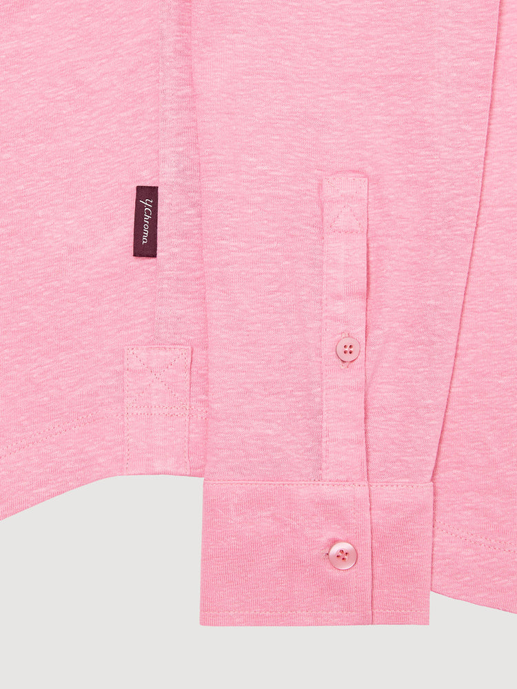 Madeira French Linen Long Sleeve Polo in *Quartz Pink* (dusty pink) — uncuffed sleeve button detail | Y.Chroma