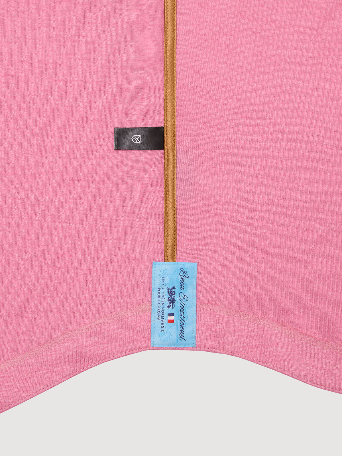 Madeira French Linen Short Sleeve Polo in *Quartz Pink* (dusty pink) — French linen label detail | Y.Chroma