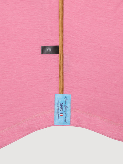 Madeira French Linen Short Sleeve Polo in *Quartz Pink* (dusty pink) — French linen label detail | Y.Chroma