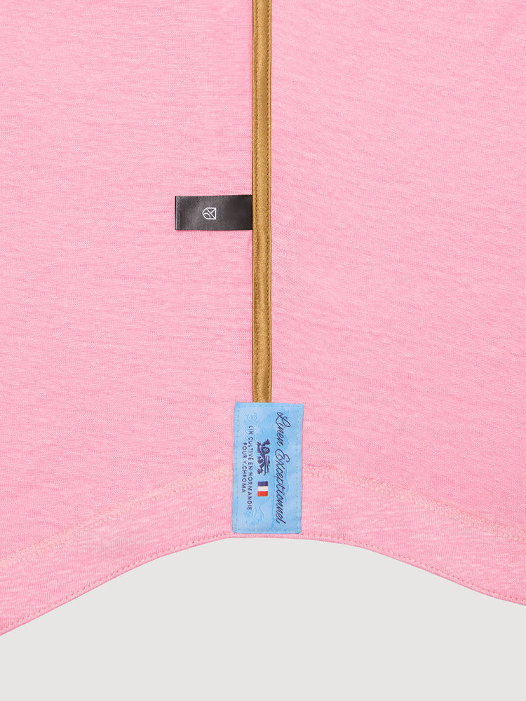 Madeira French Linen Long Sleeve Polo in *Quartz Pink* (dusty pink) — French linen label detail | Y.Chroma