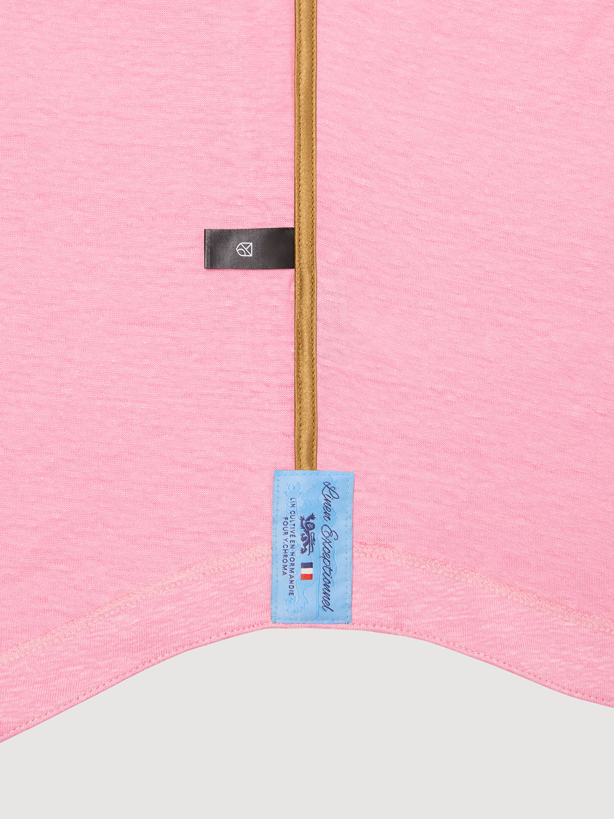 Madeira French Linen Long Sleeve Polo in *Quartz Pink* (dusty pink) — French linen label detail | Y.Chroma