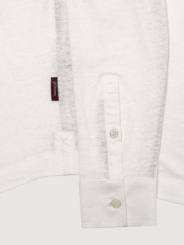 Madeira French Linen Long Sleeve Polo in *White Lotus* (off-white) — uncuffed sleeve button detail | Y.Chroma