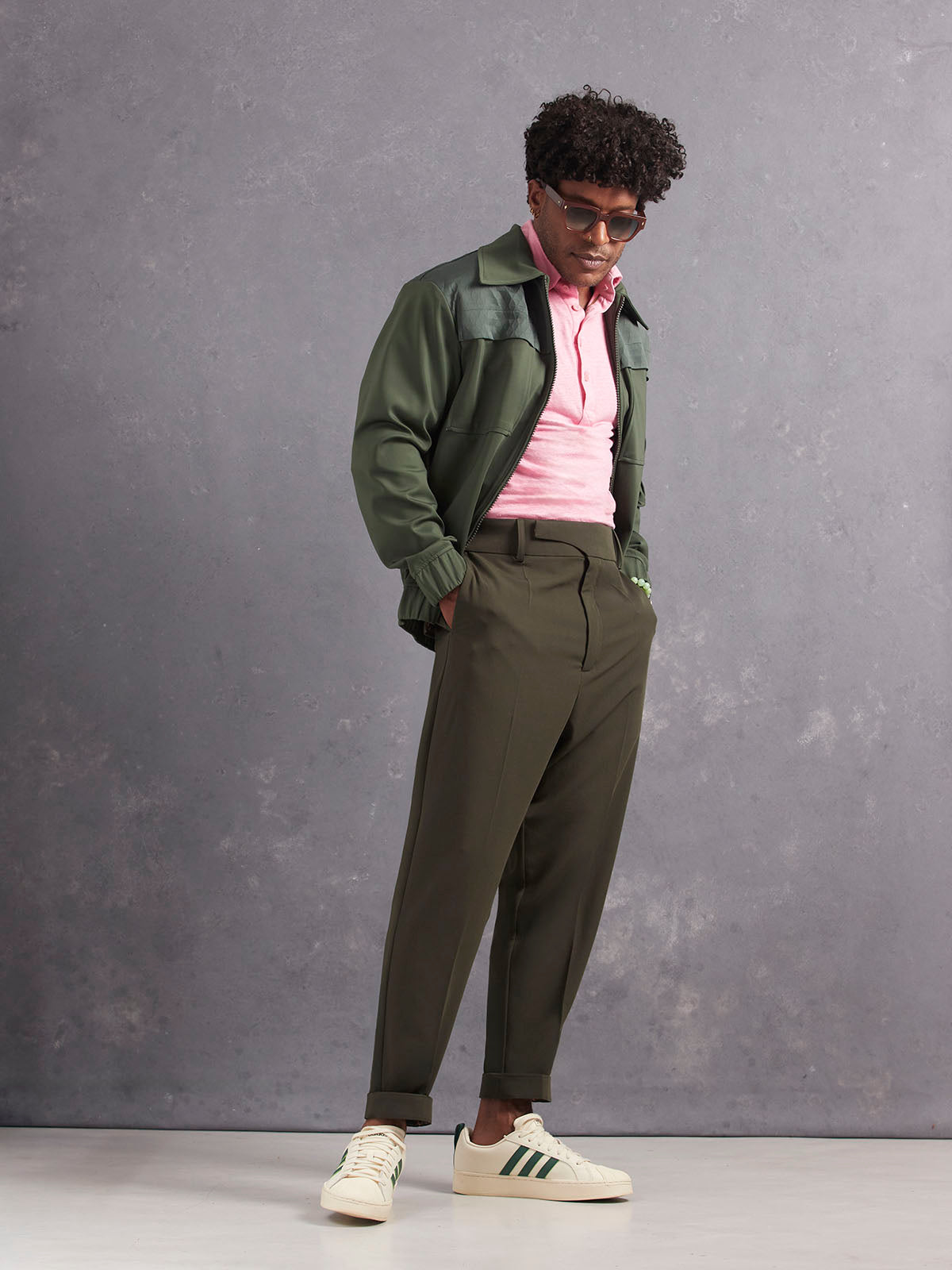 Retinol Pant 2026 Edition in *Dark Military Olive* (dark olive green) styled with Quartz Pink Madeira French Linen Long Sleeve Polo and Military Olive Drücken Track Jacket — full length lookbook | Y.Chroma