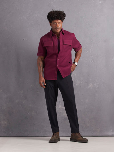 Retinol Pant 2026 Edition in *Midnight Blue* (navy blue) styled with Italian Plum V-Neck Shirt and Italian Plum Sevilla Short Sleeve Shirt — full length lookbook | Y.Chroma