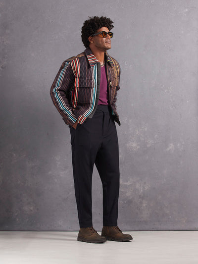 Retinol Pant 2026 Edition in *Midnight Blue* (navy blue) styled with Italian Plum V-Neck Shirt and Daytona Jacket Netflix Edit — full length lookbook | Y.Chroma